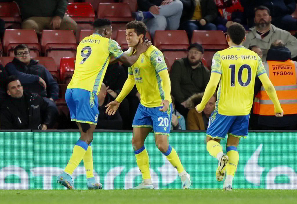 Nottingham Forest’s Taiwo Awoniyi (left) celebrates scoring against Southampton with Brennan Johnson. Photo: Reuters
