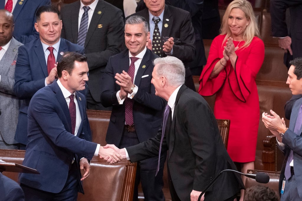 House Speaker Kevin McCarthy (centre) shakes hands with Republican congressman Mike Gallagher of Wisconsin. Gallagher is McCarthy’s pick to lead the select committee on US-China strategic competition. Photo: EPA-EFE