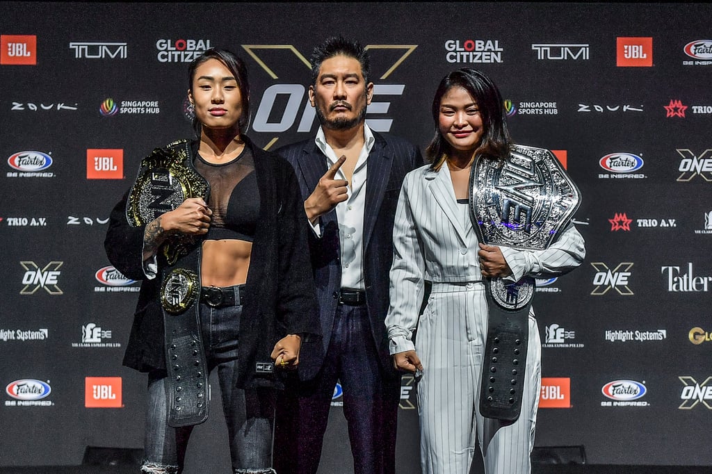 Angela Lee (left) and Stamp Fairtex at the ONE X face-offs. Photo: Handout Angela Lee (left) and Stamp Fairtex at the ONE X face-offs. Photo: Handout