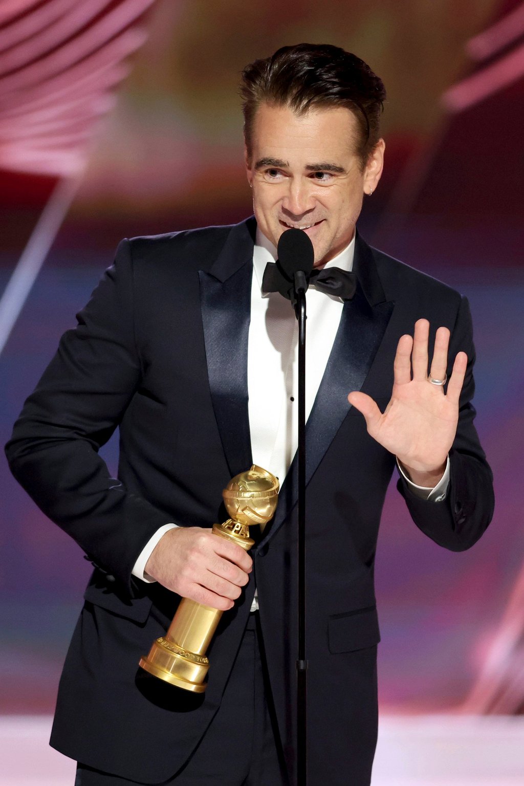 Colin Farrell accepting the best actor in a musical or comedy award for “The Banshees of Inisherin”. Photo: Rich Polk/NBC via AP Colin Farrell accepting the best actor in a musical or comedy award for “The Banshees of Inisherin”. Photo: Rich Polk/NBC via AP