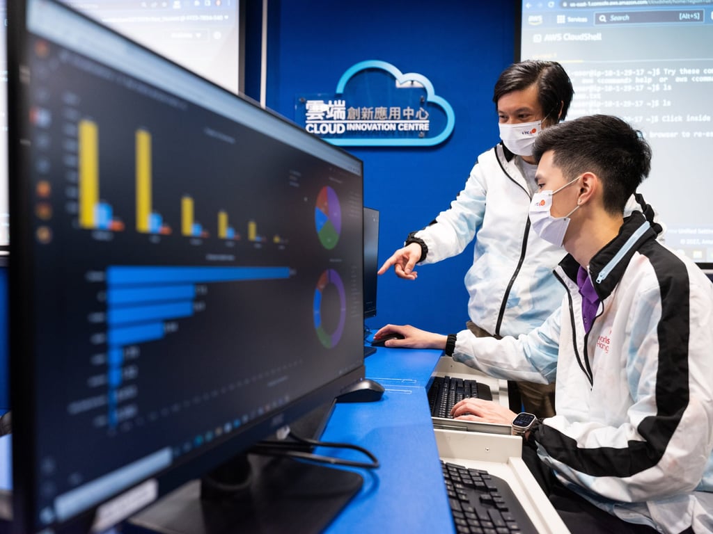 Wong Chun-yin (left), an expert in Cloud Computing at the event, provided technical training for Ng Sin-ching during his participation in the WorldSkills Competition. Photo: Josh Chow / SCMP