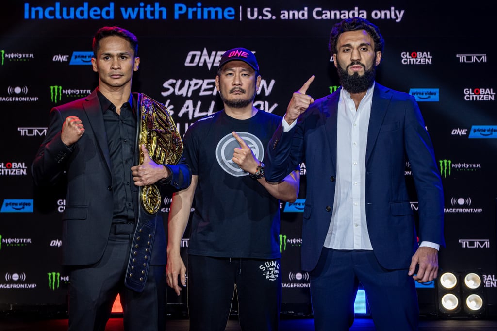 Superbon (left) and Chingiz Allazov (right) pose for the media before the featherweight kickboxing title fight at ONE Fight Night 6. Superbon (left) and Chingiz Allazov (right) pose for the media before the featherweight kickboxing title fight at ONE Fight Night 6.
