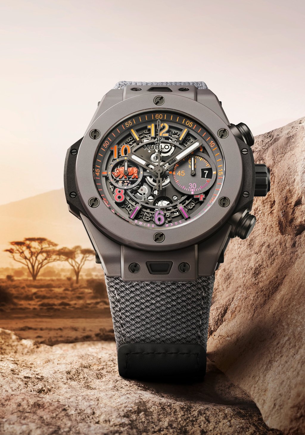 The sunset shades of the latest Big Bang Unico Sorai recall the heightened danger rhinos face as night falls. Photo: Hublot The sunset shades of the latest Big Bang Unico Sorai recall the heightened danger rhinos face as night falls. Photo: Hublot