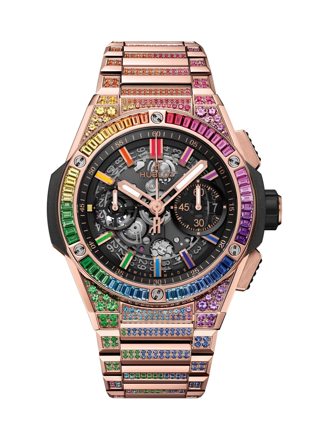 The Integrated King Gold Rainbow is paved with more than 900 gemstones. Photo: Hublot The Integrated King Gold Rainbow is paved with more than 900 gemstones. Photo: Hublot