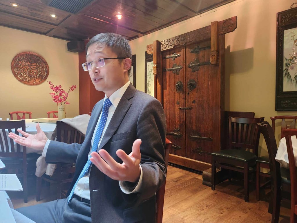 Chinese deputy consul general Qian Jin in New York on Friday speaking about his country’s handling of the coronavirus pandemic. Photo: Mark Magnier Chinese deputy consul general Qian Jin in New York on Friday speaking about his country’s handling of the coronavirus pandemic. Photo: Mark Magnier