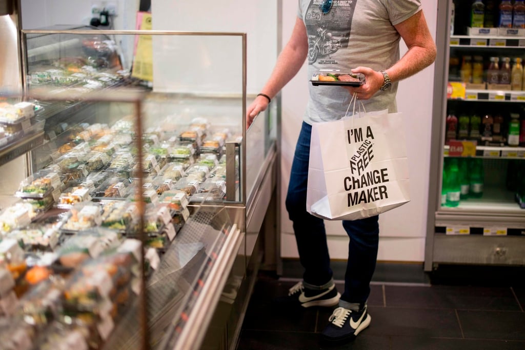 A shopper holds a paper bag with a slogan promoting plastic-free packaging. Under the new rules, retailers and restaurants will not be able to sell single-use plastic plates, trays and balloon sticks or some types of polystyrene cups and food containers. Photo: AFP A shopper holds a paper bag with a slogan promoting plastic-free packaging. Under the new rules, retailers and restaurants will not be able to sell single-use plastic plates, trays and balloon sticks or some types of polystyrene cups and food containers. Photo: AFP
