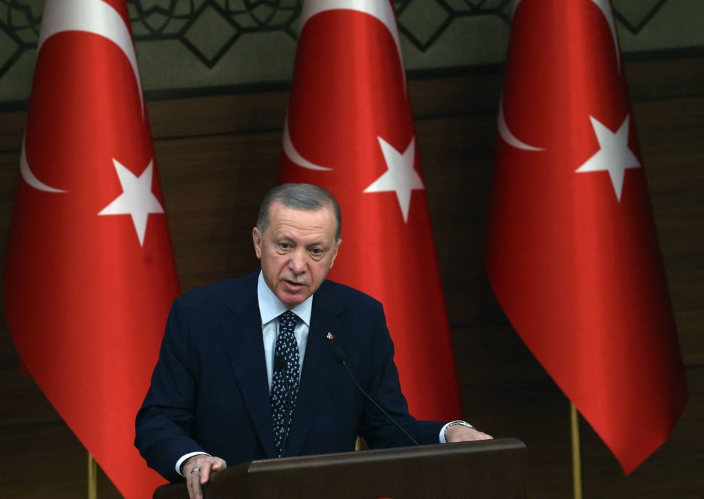 Turkish President Recep Tayyip Erdogan delivers a speech at the presidential complex in Ankara on Wednesday. Photo: AFP