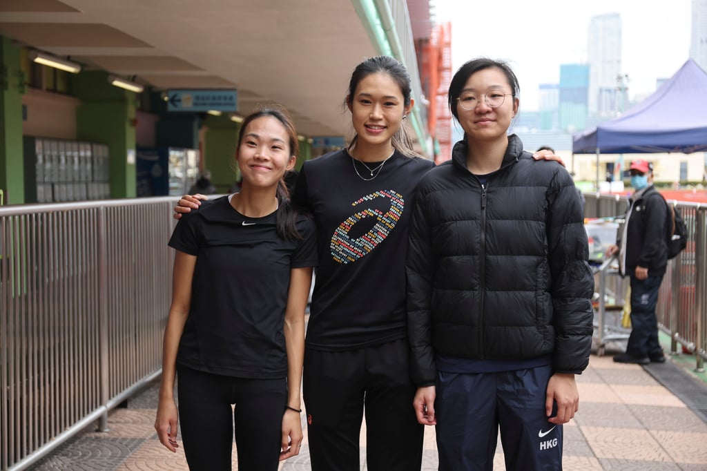 (Left to right) High jump athletes Sharon Wong Yuen-nam, Phoebe Chung Wai-yan, and Toby Lai Yan-Hei pose for a picture at Wan Chai Sports Ground. (Left to right) High jump athletes Sharon Wong Yuen-nam, Phoebe Chung Wai-yan, and Toby Lai Yan-Hei pose for a picture at Wan Chai Sports Ground.