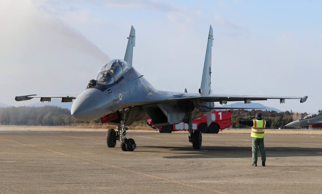 An Indian Air Force fighter aircraft Sukhoi Su-30 arrives at Japan’s Air Self-Defence Force Hyakuri Air Base in Omitama, Ibaraki prefecture, northeast of Tokyo. Photo: AFP An Indian Air Force fighter aircraft Sukhoi Su-30 arrives at Japan’s Air Self-Defence Force Hyakuri Air Base in Omitama, Ibaraki prefecture, northeast of Tokyo. Photo: AFP
