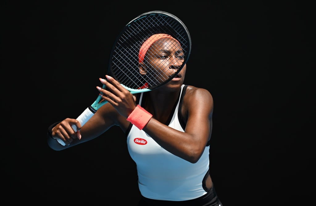 Coco Gauff waits to return the ball during her women’s singles first round match against Katerina Siniakova. Photo: EPA-EFE