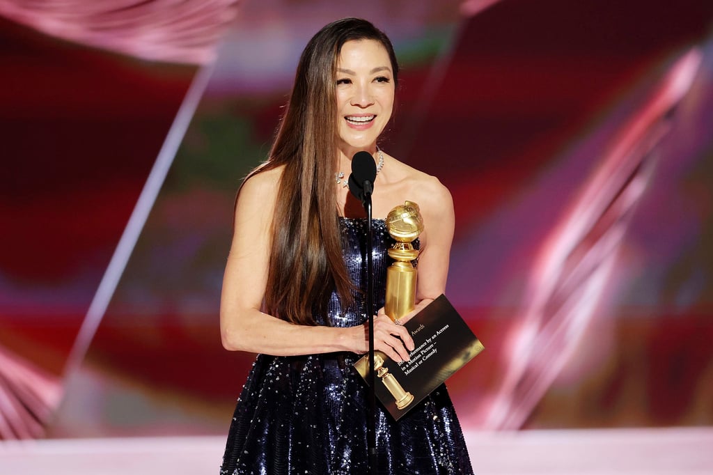 Michelle Yeoh accepting the best actress in a motion picture – musical or comedy award for Everything Everywhere All at Once during the 80th Annual Golden Globe Awards at the Beverly Hilton Hotel on January 10, in Beverly Hills, California. Photo: AP