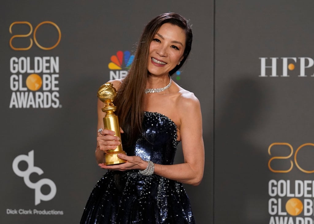 Michelle Yeoh poses in the press room with the award for best performance by an actress in a motion picture, musical or comedy for Everything Everywhere All at Once at the 80th annual Golden Globe Awards at the Beverly Hilton Hotel on January 10, in Beverly Hills, California. Photo: AP