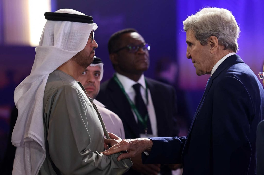 The UAE’s industry minister Sultan Ahmed al-Jaber (left) speaks to US special presidential climate envoy John Kerry at the Atlantic Council Global Energy Forum in Abu Dhabi on Saturday. Photo: AFP The UAE’s industry minister Sultan Ahmed al-Jaber (left) speaks to US special presidential climate envoy John Kerry at the Atlantic Council Global Energy Forum in Abu Dhabi on Saturday. Photo: AFP