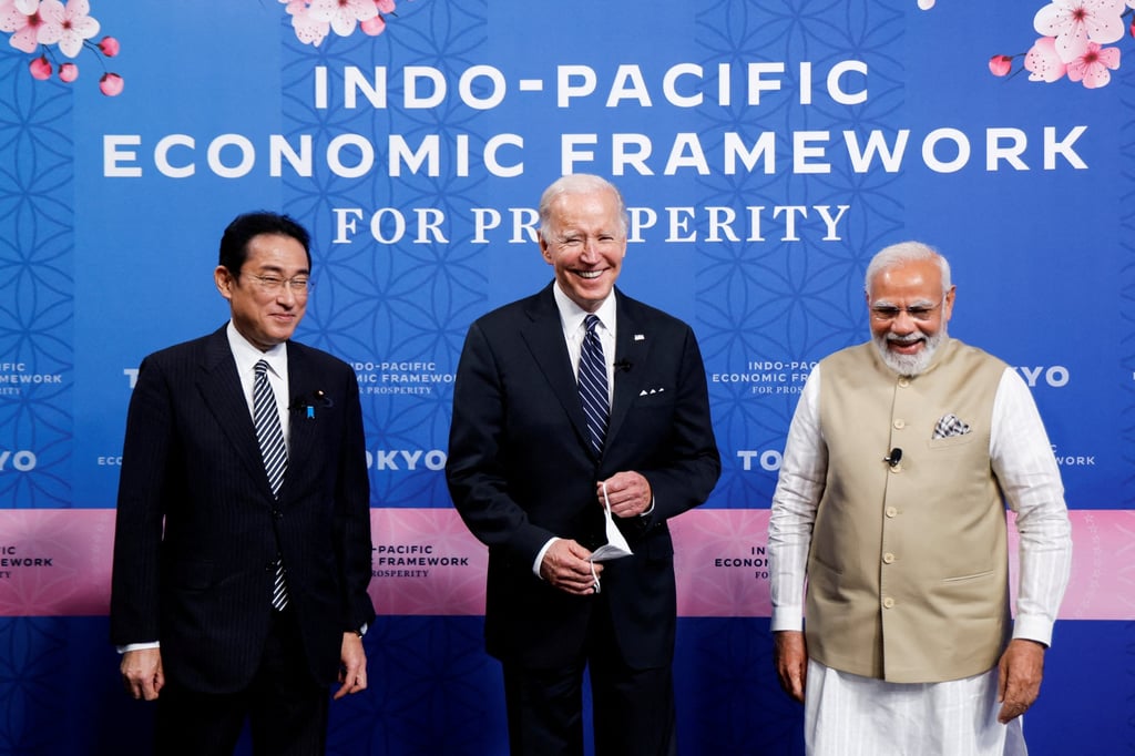 Biden and Kishida stand with India’s Prime Minister Narendra Modi at the launch of the Indo-Pacific Economic Framework for Prosperity (IPEF) in Tokyo last year. Photo: Reuters Biden and Kishida stand with India’s Prime Minister Narendra Modi at the launch of the Indo-Pacific Economic Framework for Prosperity (IPEF) in Tokyo last year. Photo: Reuters