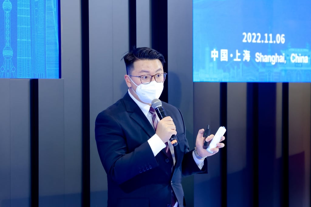 Harry Chen, partner and chief marketing officer of E3A Healthcare, speaks during last November’s University Startup World Cup 2022 in Shanghai.