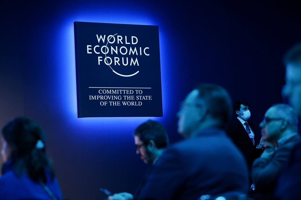 An illuminated logo during a panel session at the World Economic Forum (WEF) in Davos, Switzerland, on January 17, 2023. Photo: Bloomberg An illuminated logo during a panel session at the World Economic Forum (WEF) in Davos, Switzerland, on January 17, 2023. Photo: Bloomberg