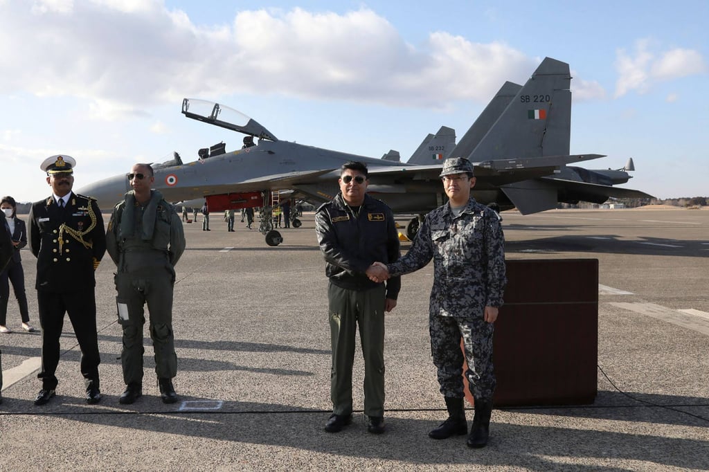 Indian Air Force fighter aircraft at Japan’s Air Self-Defence Force Hyakuri Air Base for the Japan-India joint exercise. Four F-2 and four F-15 fighters taking part. Photo: AFP Indian Air Force fighter aircraft at Japan’s Air Self-Defence Force Hyakuri Air Base for the Japan-India joint exercise. Four F-2 and four F-15 fighters taking part. Photo: AFP