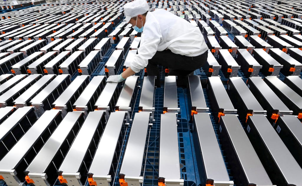 Lithium car batteries are arranged at Xinwangda Electric Vehicle Battery’s plant in Nanjing, in China’s eastern Jiangsu province. Photo: AFP