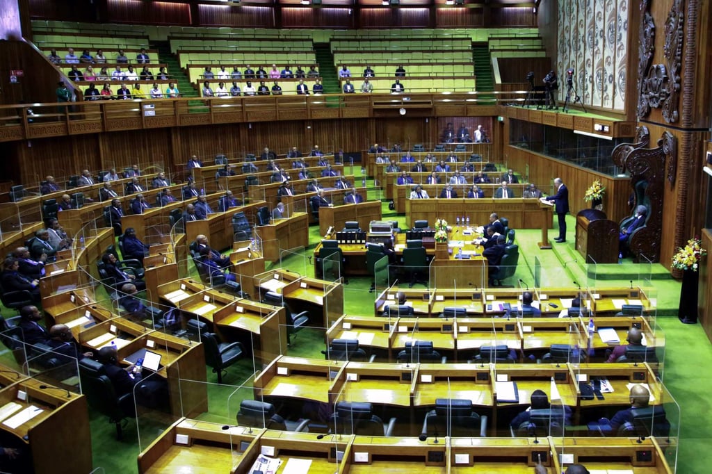 Albanese (second from right, standing) addresses the Papua New Guinea Parliament in Port Moresby on January 12. Photo: AFP