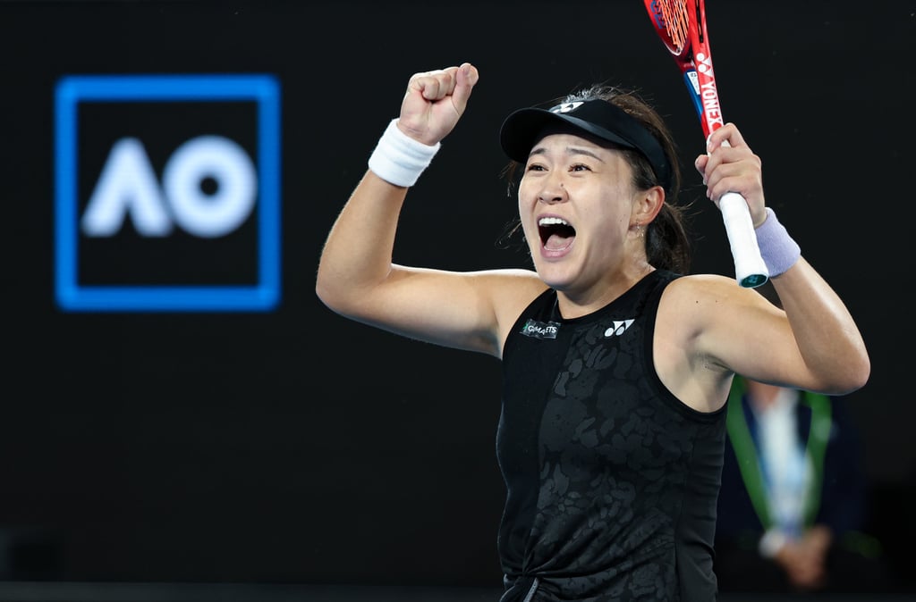 Zhu Lin celebrates her win in the third round of the Australian Open in Melbourne. Photo: Xinhua