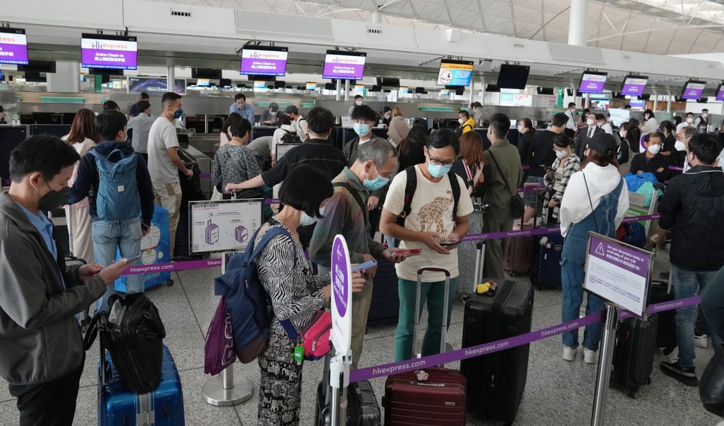 Outbound travellers at Hong Kong’s airport. Many in the city are headed for Japan with Covid restrictions on both sides eased. Photo: Sam Tsang Outbound travellers at Hong Kong’s airport. Many in the city are headed for Japan with Covid restrictions on both sides eased. Photo: Sam Tsang