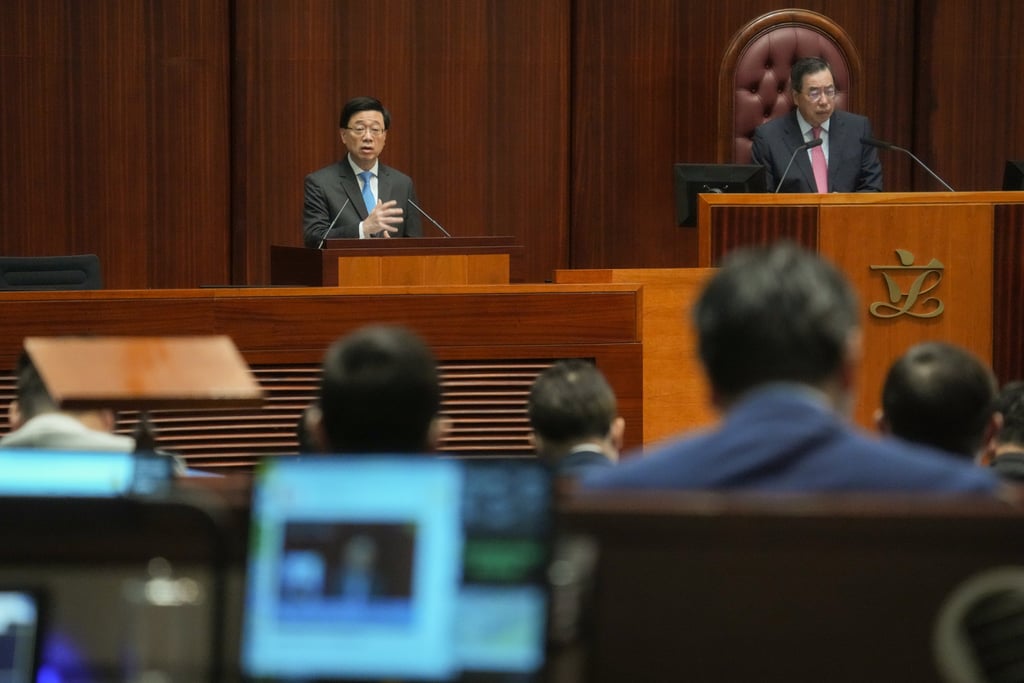 Hong Kong Chief Executive John Lee Ka-chiu speaks during last October’s policy address, when he admitted the city’s workforce has shrunk by about 140,000 over the past two years. Photo: SCMP/Sam Tsang Hong Kong Chief Executive John Lee Ka-chiu speaks during last October’s policy address, when he admitted the city’s workforce has shrunk by about 140,000 over the past two years. Photo: SCMP/Sam Tsang
