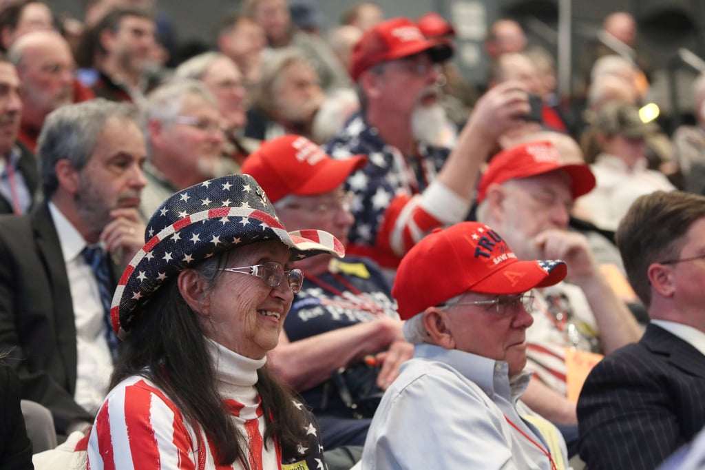 The crowd listens as former US president Donald Trump speaks during the New Hampshire Republican State Committee 2023 annual meeting in Salem, New Hampshire on Saturday. Photo: AP
