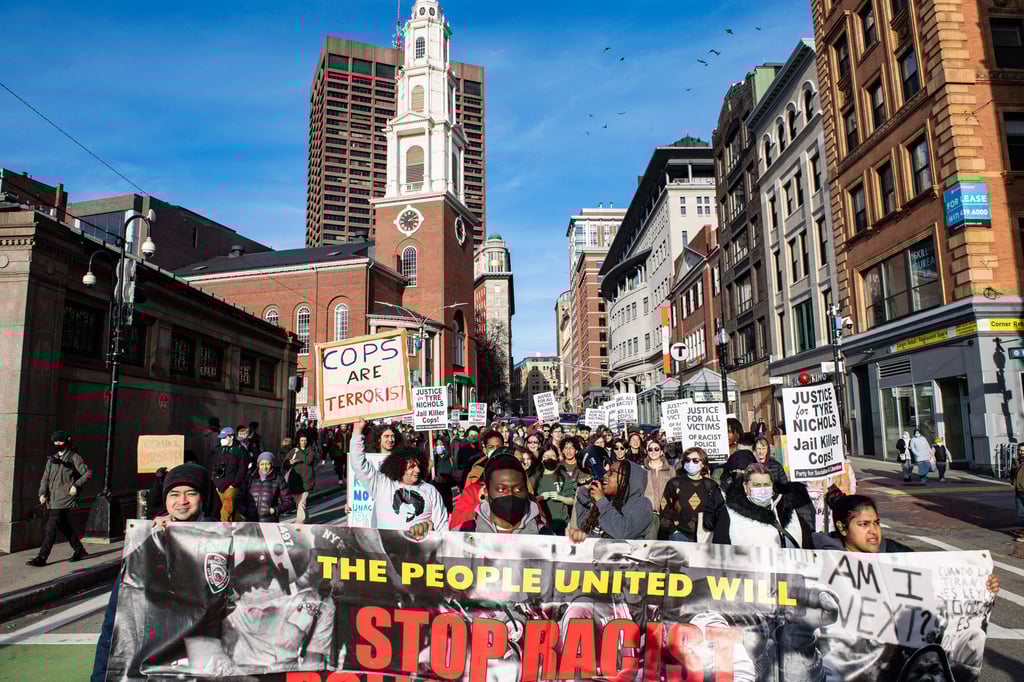 Protesters march during a rally against the fatal police assault of Tyre Nichols on Saturday in Boston, Massachusetts. Photo: AFP / Getty Images / TNS
