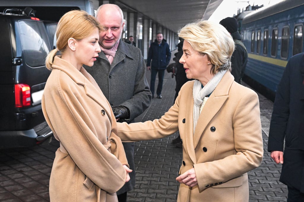 EU President Ursula von der Leyen, right, and Matti Maasikas, centre, the Head of the Delegation of the European Union to Ukraine, speak with Olha Stefanishyna, Ukrainian Deputy Prime Minister for European and Euro-Atlantic Integration. Photo: dpa EU President Ursula von der Leyen, right, and Matti Maasikas, centre, the Head of the Delegation of the European Union to Ukraine, speak with Olha Stefanishyna, Ukrainian Deputy Prime Minister for European and Euro-Atlantic Integration. Photo: dpa