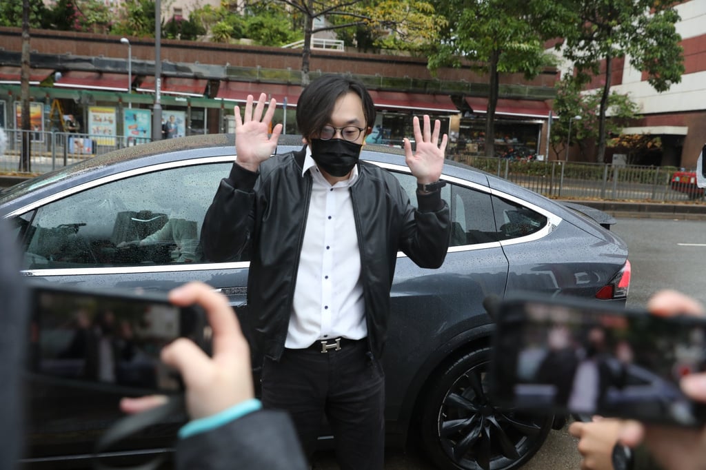 Mike Lam, founder of AbouThai, leaving Ma On Shan Police Station in February 2021. Photo: Nora Tam Mike Lam, founder of AbouThai, leaving Ma On Shan Police Station in February 2021. Photo: Nora Tam