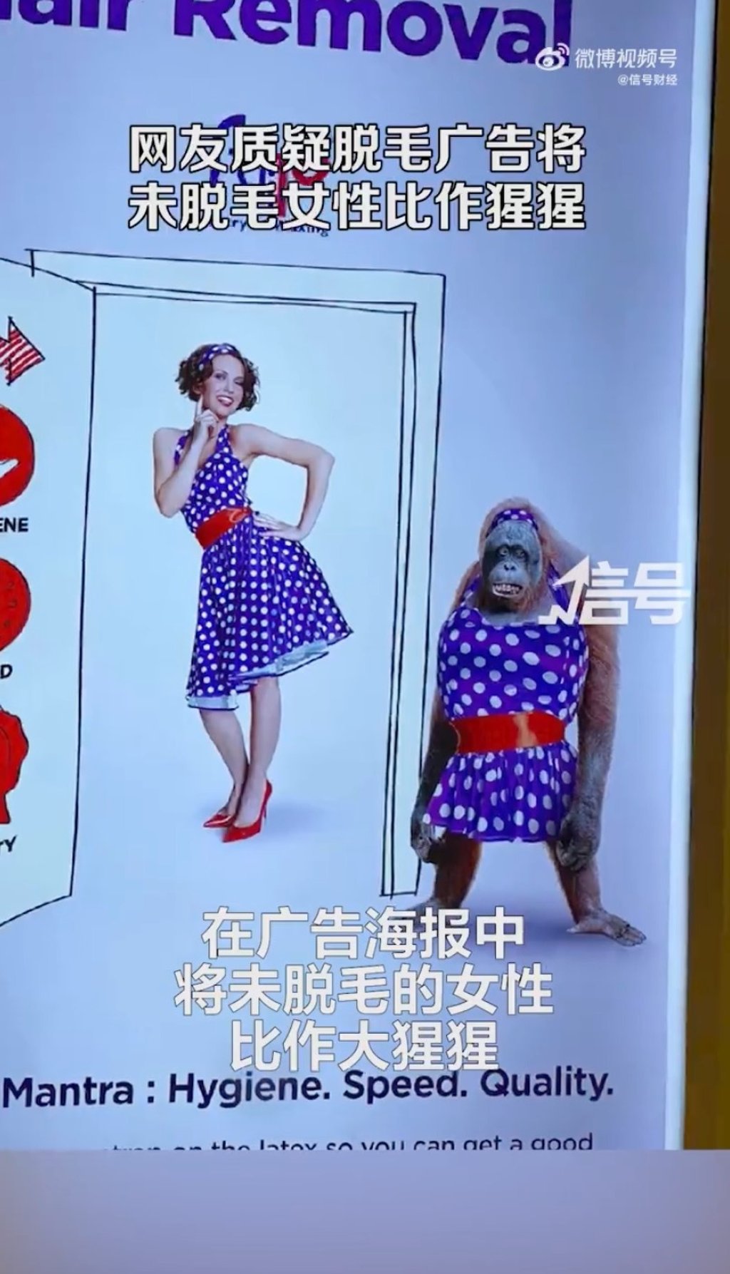 The company admitted that the decision to use a primate was not the original intention for the ad, but say they could not find a woman with enough body hair to appear in the campaign. Photo: Weibo