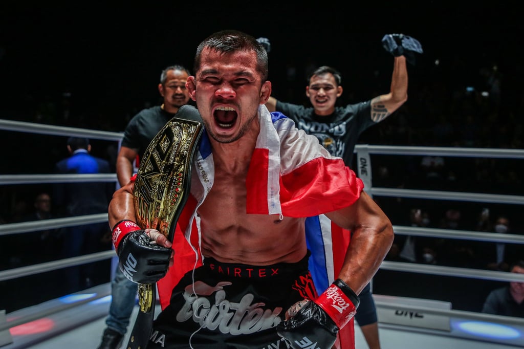 Nong-O Gaiyanghadao celebrates his victory over Alaverdi Ramazanov at ONE Friday Fights 1. Nong-O Gaiyanghadao celebrates his victory over Alaverdi Ramazanov at ONE Friday Fights 1.