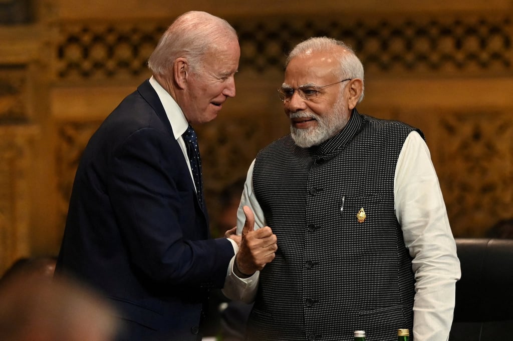 US President Joe Biden speaks with Indian Prime Minister Narendra Modi at the G20 Summit opening session in Bali, Indonesia, in November 2022. Photo: Handout via Reuters US President Joe Biden speaks with Indian Prime Minister Narendra Modi at the G20 Summit opening session in Bali, Indonesia, in November 2022. Photo: Handout via Reuters