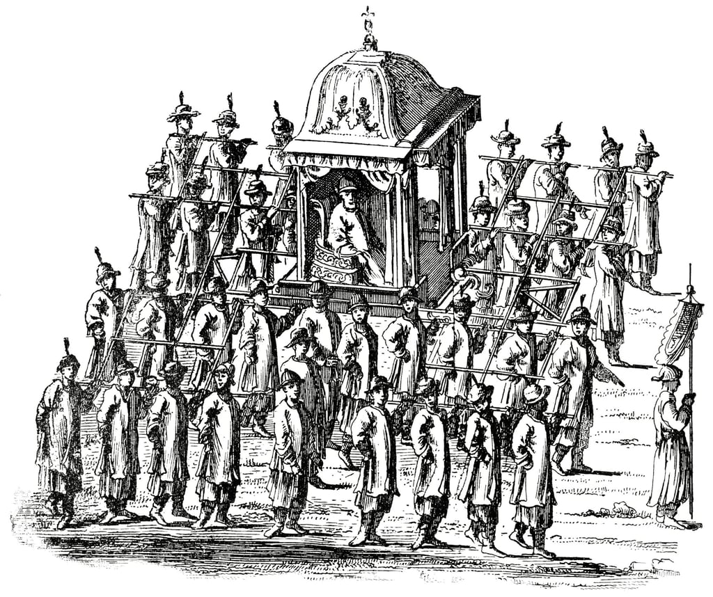 Progress of the Emperor of China in the 16th Century, from “Classical Portfolio of Primitive Carriers”, by Marshall M. Kirman, World Railway Publ. Co., 1895. Photo: Getty Images Progress of the Emperor of China in the 16th Century, from “Classical Portfolio of Primitive Carriers”, by Marshall M. Kirman, World Railway Publ. Co., 1895. Photo: Getty Images