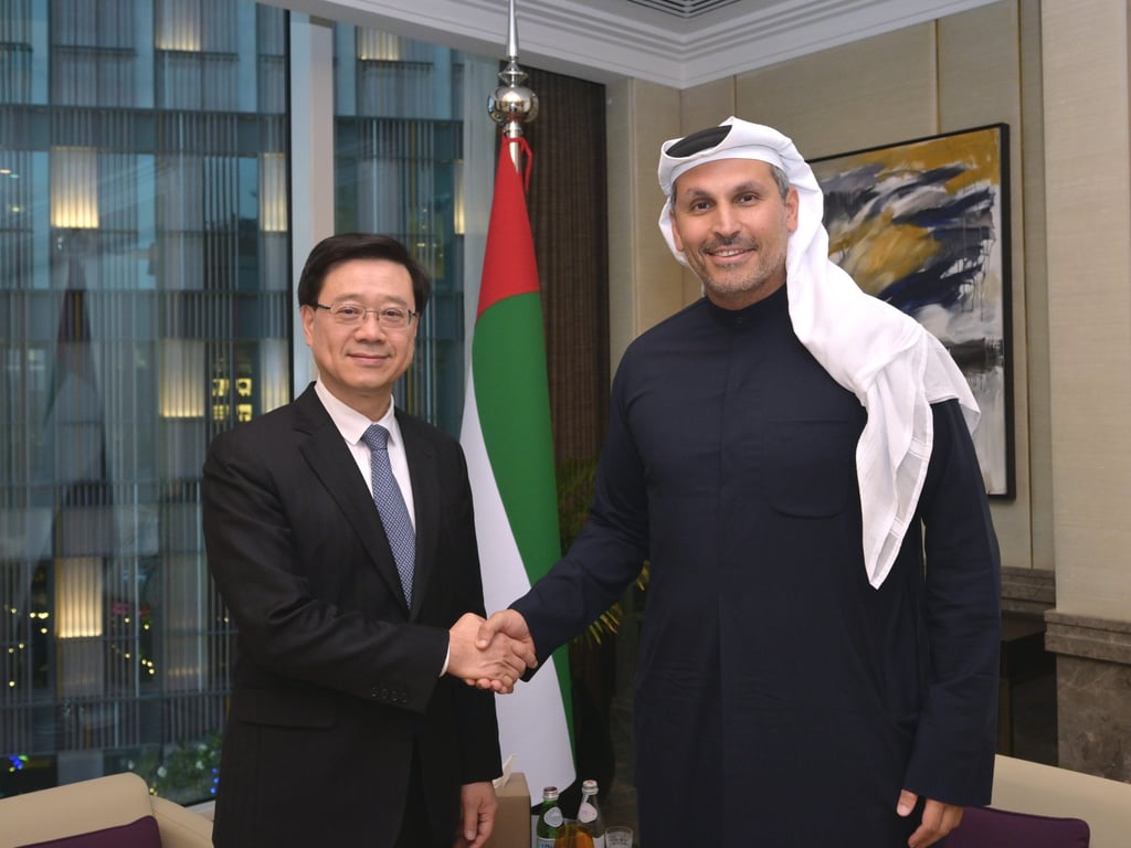 Chief Executive John Lee meets Khaldoon Khalifa Al Mubarak, CEO of Mubadala Investment Company, in Abu Dhabi. Photo: Handout