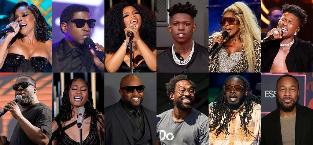 R&B artists, top row from left: Ashanti, Babyface, Chloe Bailey, Yung Bleu, Mary J. Blige and Lucky Daye. Bottom row from left: Robert Glasper, Muni Long, Rico Love, PJ Morton, T-Pain and Tank. Photo: AP