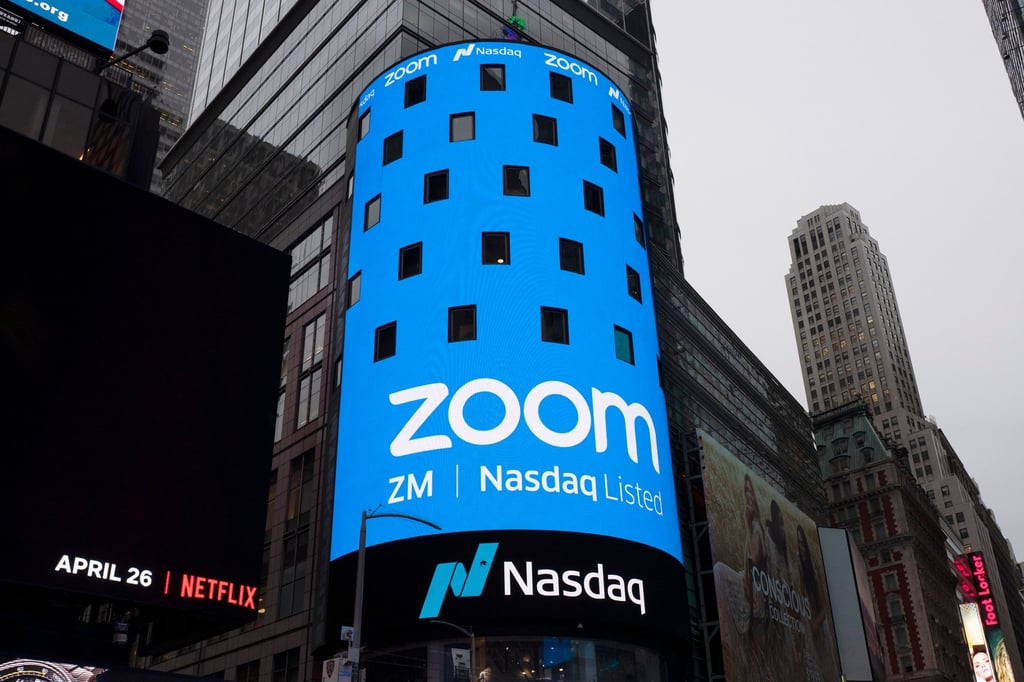 A sign for Zoom Video Communications is seen ahead of the company’s Nasdaq IPO in New York in April 2019. Photo: AP A sign for Zoom Video Communications is seen ahead of the company’s Nasdaq IPO in New York in April 2019. Photo: AP