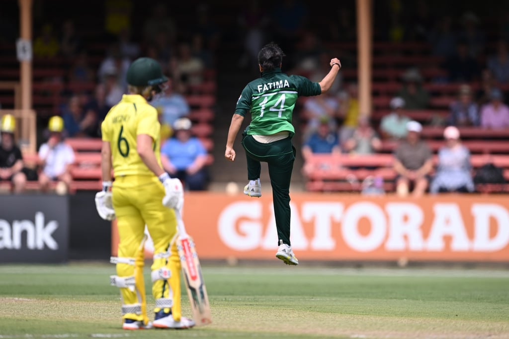 Pakistan’s Fatima Sana celebrates the wicket of Australia’s Phoebe Litchfield during a One Day International at North Sydney Oval last month. Photo: EPA-EFE Pakistan’s Fatima Sana celebrates the wicket of Australia’s Phoebe Litchfield during a One Day International at North Sydney Oval last month. Photo: EPA-EFE