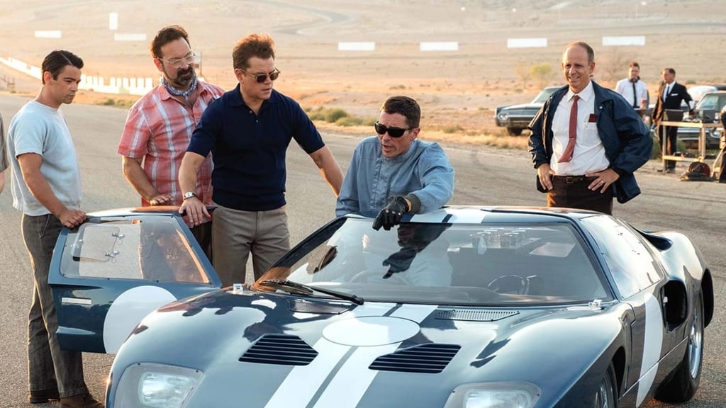 Matt Damon (centre) and Christian Bale (2nd right) in a still from Ford v Ferrari (2019), directed by James Mangold. Photo: courtesy 20th Century Fox