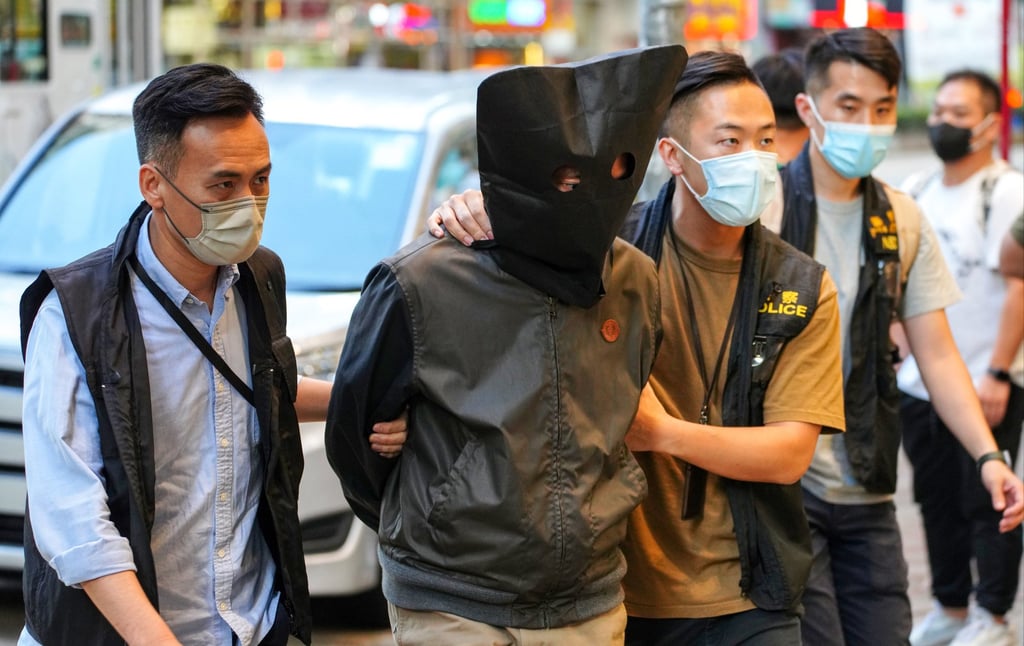 A member of pro-independence Returning Valiant group taken into custody by police in 2021. Photo: SCMP A member of pro-independence Returning Valiant group taken into custody by police in 2021. Photo: SCMP