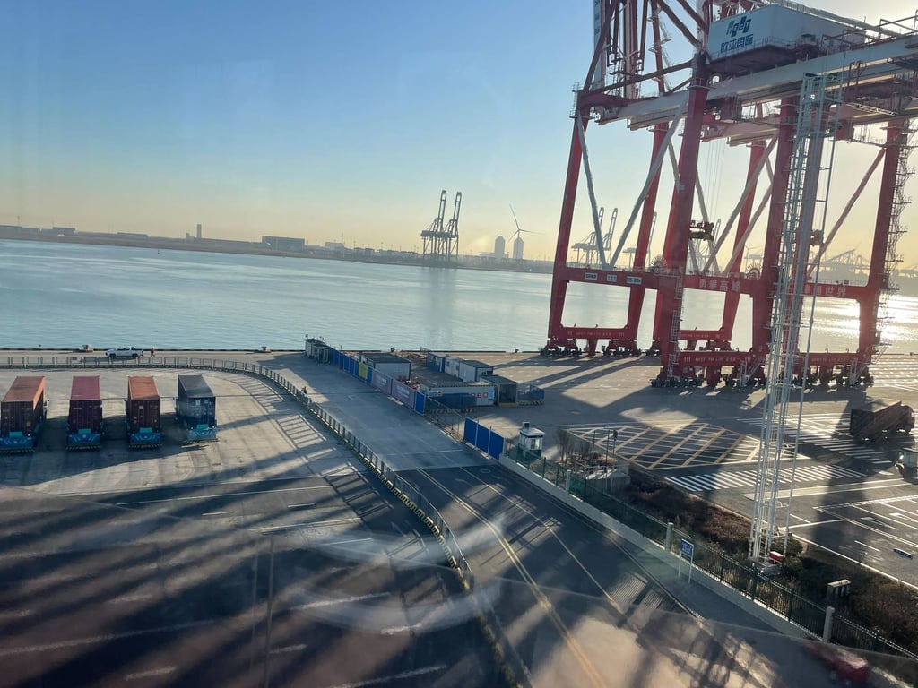 A view of Tianjin Port’s container wharf. The human-operated berth is on the right of the road, while the fully automated “Smart Hub” is on the left. Photo: Tracy Qu.