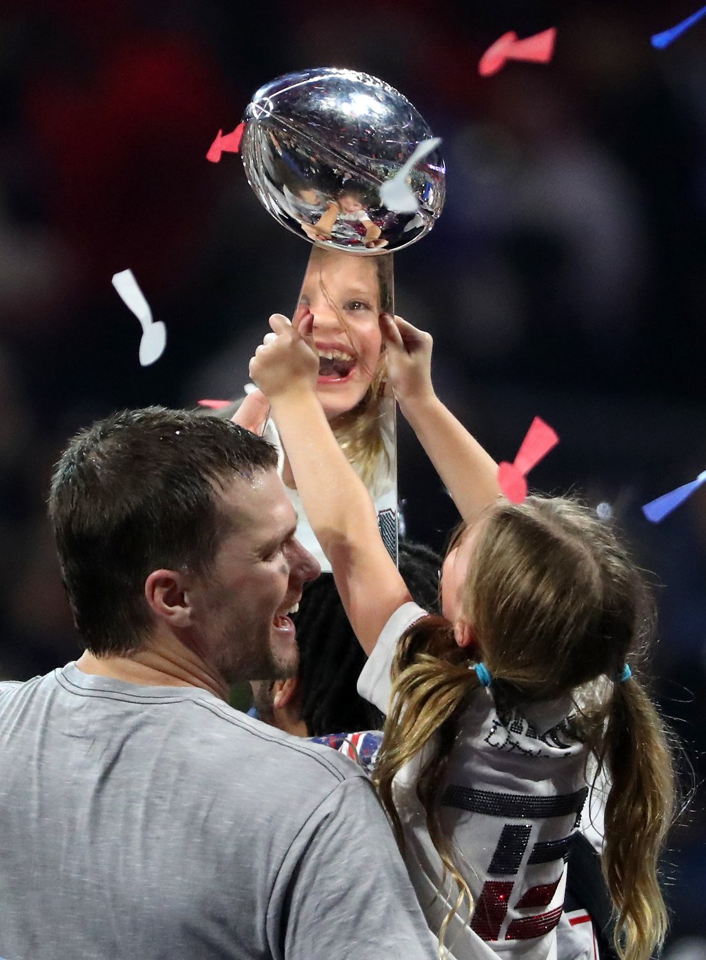 Tom Brady #12 of the New England Patriots and Vivian Lake Brady celebrate with the Vince Lombardi trophy after the teams 13-3 win over the Los Angeles Rams during Super Bowl LIII at Mercedes-Benz Stadium in February 2019, in Atlanta, Georgia. Photo: Getty Images Tom Brady #12 of the New England Patriots and Vivian Lake Brady celebrate with the Vince Lombardi trophy after the teams 13-3 win over the Los Angeles Rams during Super Bowl LIII at Mercedes-Benz Stadium in February 2019, in Atlanta, Georgia. Photo: Getty Images