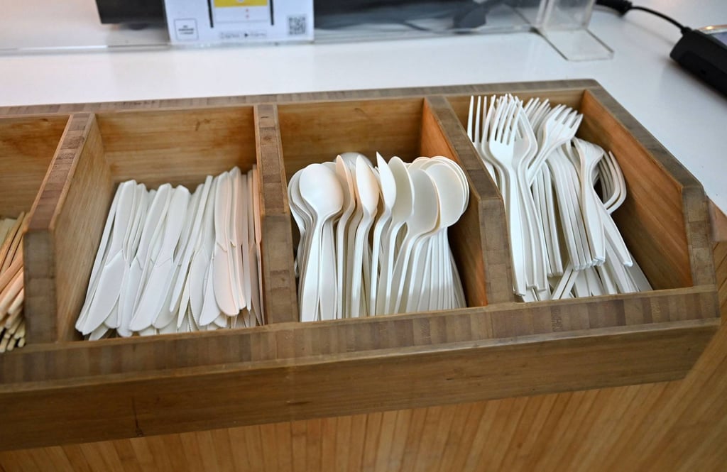 Single-use plastic cutlery is pictured in a tray at a fast-food outlet west of London on January 14, 2023. Photo: AFP Single-use plastic cutlery is pictured in a tray at a fast-food outlet west of London on January 14, 2023. Photo: AFP