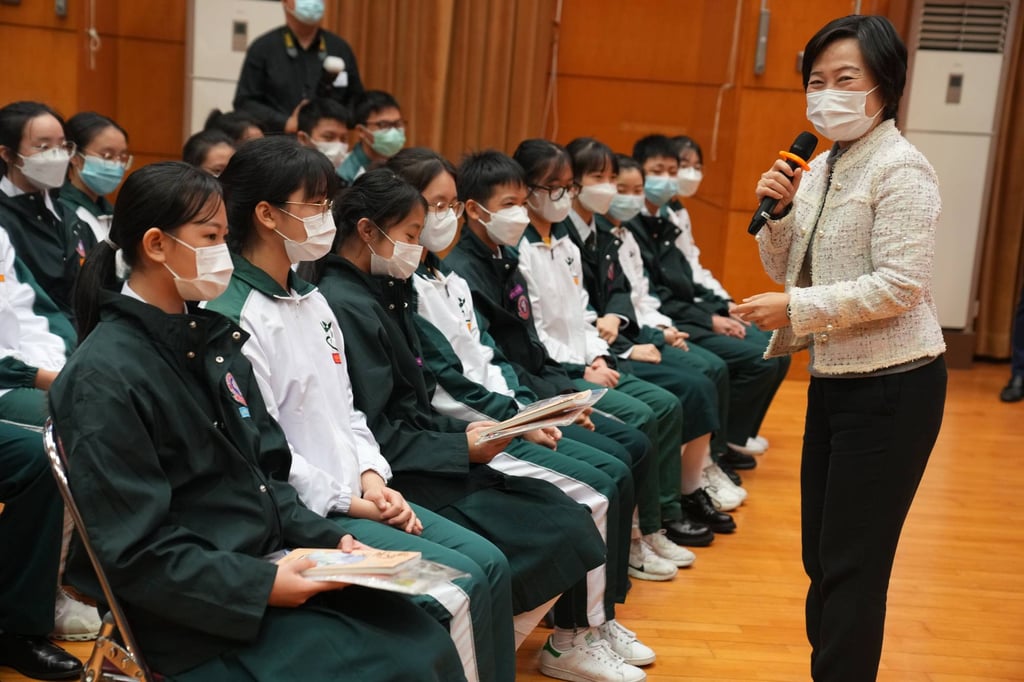 Education minister Christine Choi addresses students on the first day of class resumption in the city for those from across the border. Photo: Sam Tsang Education minister Christine Choi addresses students on the first day of class resumption in the city for those from across the border. Photo: Sam Tsang