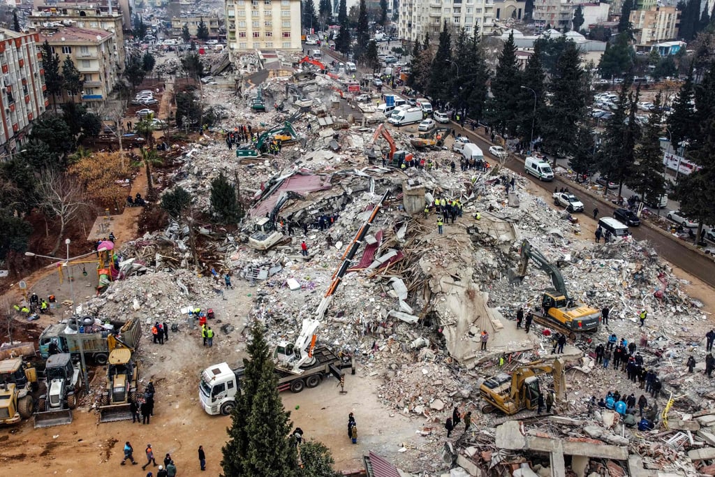 Collapsed buildings during the ongoing rescue operation in Kahramanmaras, the epicentre of the first 7.8-magnitude tremor five days ago, in southeastern Turkey. Photo: AFP Collapsed buildings during the ongoing rescue operation in Kahramanmaras, the epicentre of the first 7.8-magnitude tremor five days ago, in southeastern Turkey. Photo: AFP
