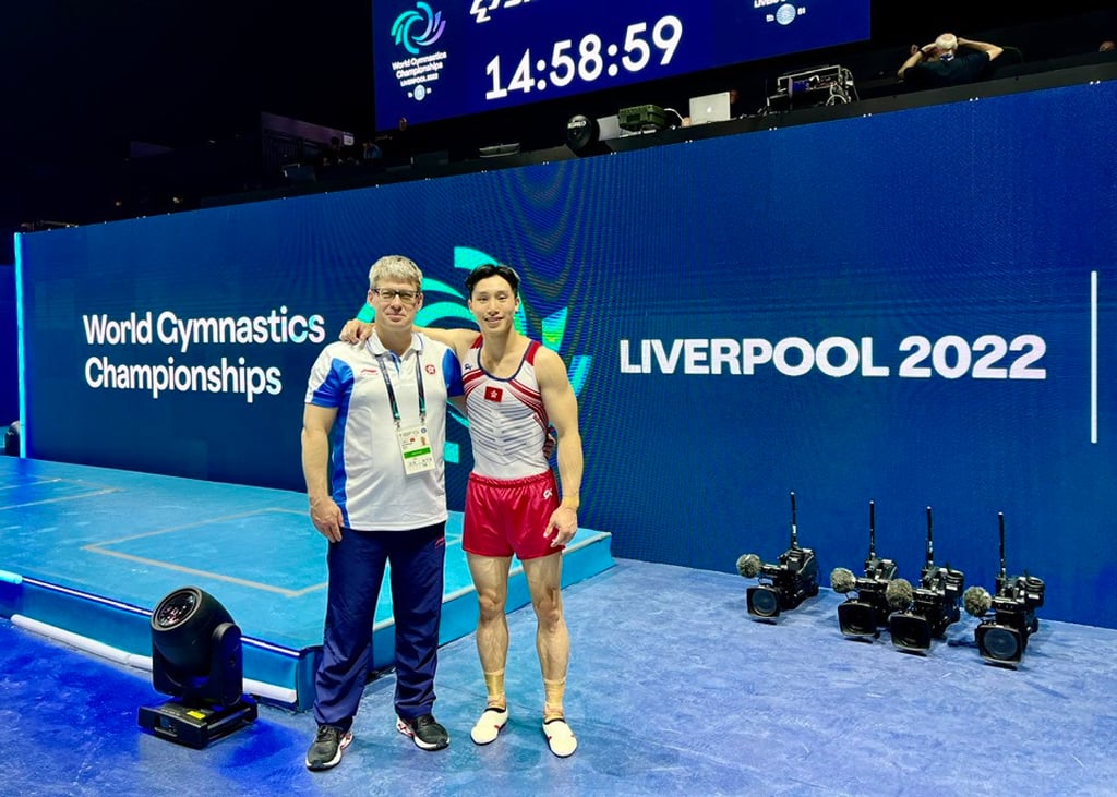 Shek Wai-hung with coach Sergiy Agafontsev at the World Gymnastics Championships in Liverpool. Photo: Handout Shek Wai-hung with coach Sergiy Agafontsev at the World Gymnastics Championships in Liverpool. Photo: Handout