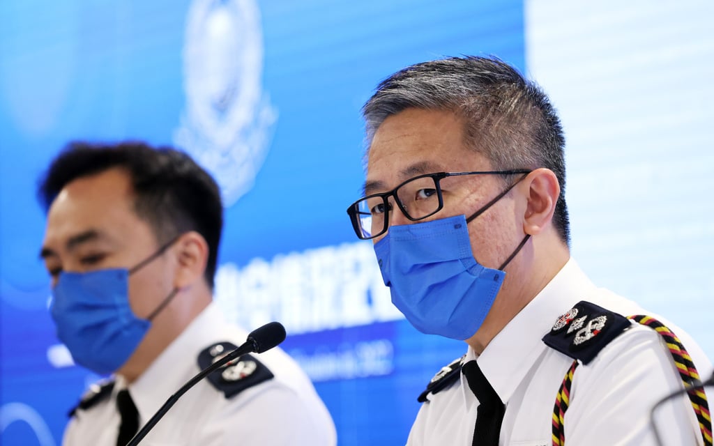 Deputy Commissioner of Police (Operations) Yuen Yuk-kin and Commissioner of Police Raymond Siu reveal 2022’s crime statistics. Photo: May Tse.