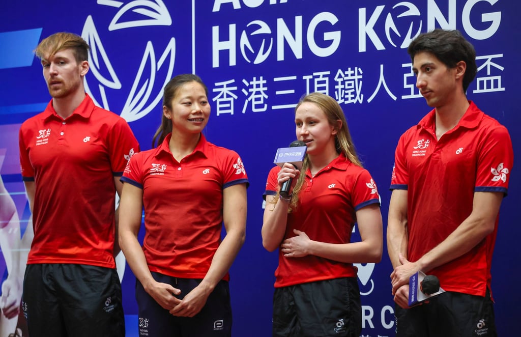 Hong Kong triathlon squad member’s (left to right) Oscar Coggins, Hilda Choi, Charlotte Hall and Jason Ng. Photo: Jonathan Wong Hong Kong triathlon squad member’s (left to right) Oscar Coggins, Hilda Choi, Charlotte Hall and Jason Ng. Photo: Jonathan Wong
