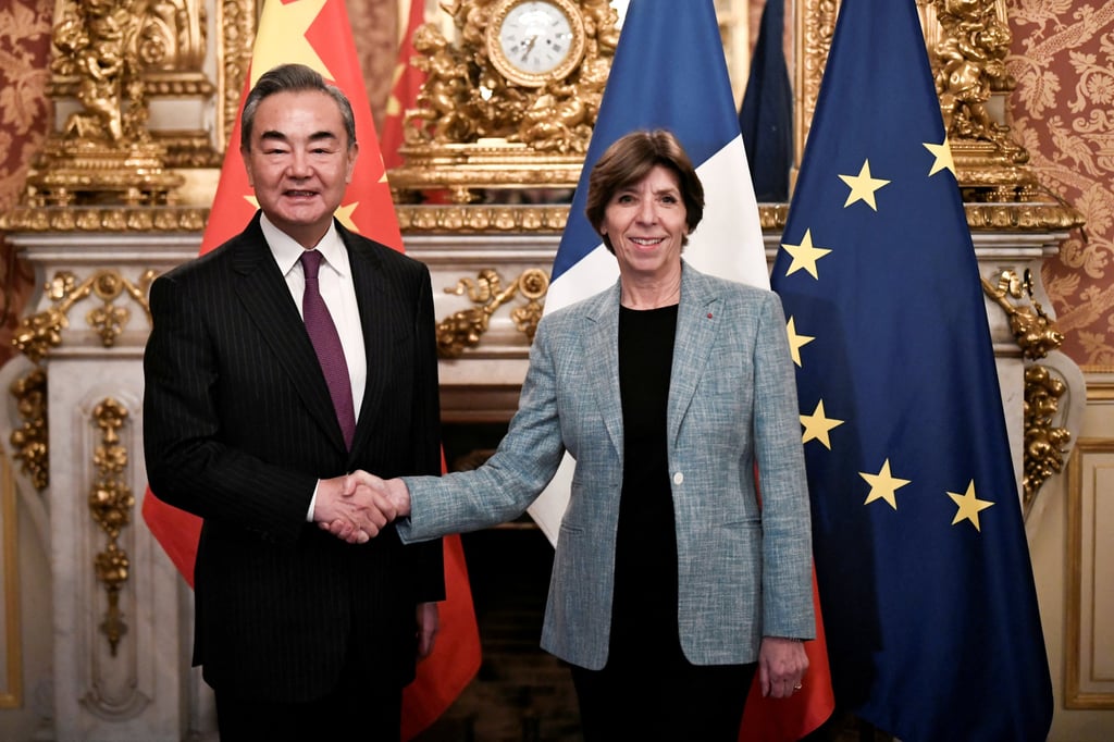 China’s top diplomat Wang Yi shakes hands with French Foreign and European Affairs Minister Catherine Colonna in Paris on Wednesday. Photo: Pool via Reuters China’s top diplomat Wang Yi shakes hands with French Foreign and European Affairs Minister Catherine Colonna in Paris on Wednesday. Photo: Pool via Reuters