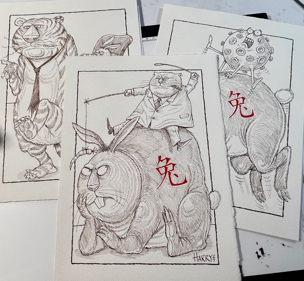 Harry Harrison’s sketches for three of the illustrations in his new collection for auction, “More Carrot, Less Stick”. Photo: Harry Harrison